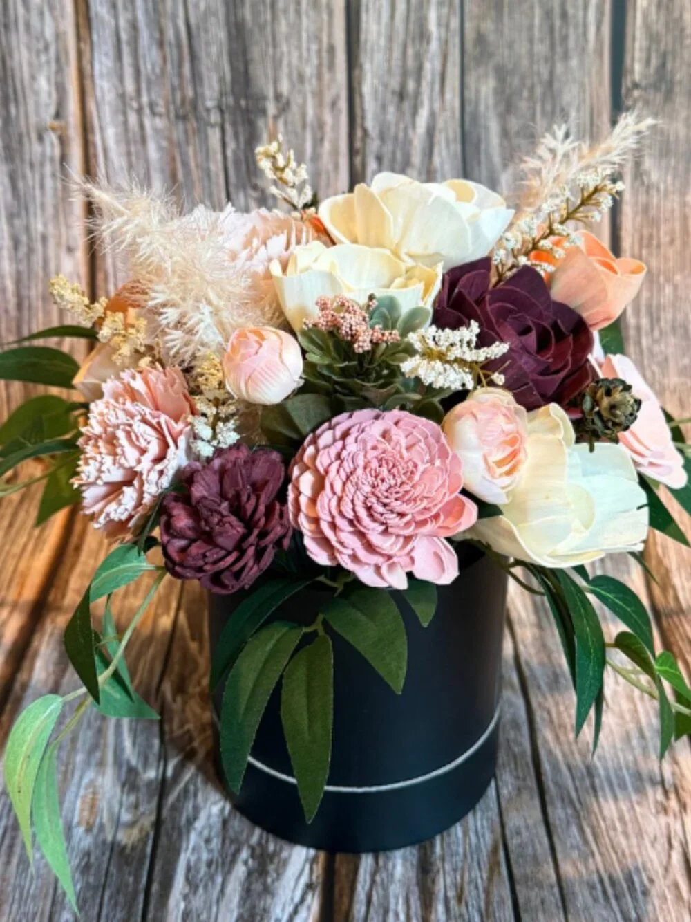Cream Peach Sola Wood Floral Arrangement in a gift box home decor birthday gift